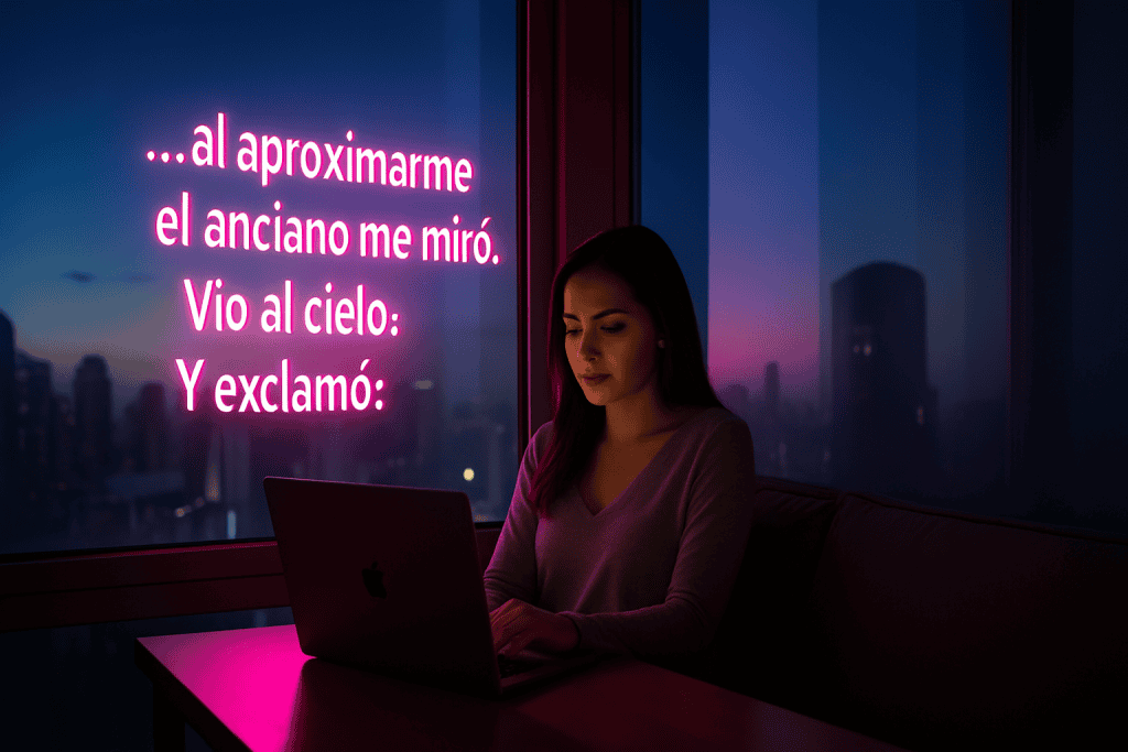 SoyMigrante.com Revista - Imagen de una joven trabajando en un laptop junto a un cartel de neón con un poema, en un entorno urbano y nocturno, resaltando temas de migración, cultura y reflexión. – SoyMigrante.com REVISTA