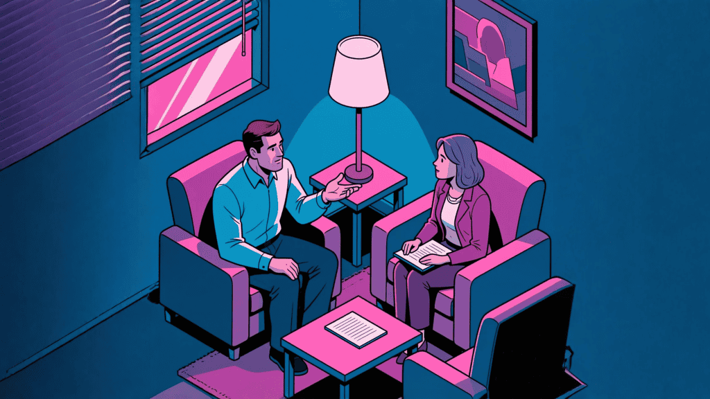 Entrevista laboral entre un hombre y una mujer en un ambiente moderno con iluminación de colores, reflexionando sobre migración y temas laborales. – SoyMigrante.com REVISTA