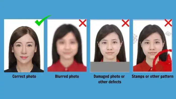Fotografía de una mujer con una imagen correcta, comparada con ejemplos de fotos borrosas, dañadas o con patrones de sellos, para demostrar cómo presentar fotos adecuadas para documentos oficiales. – SoyMigrante.com REVISTA