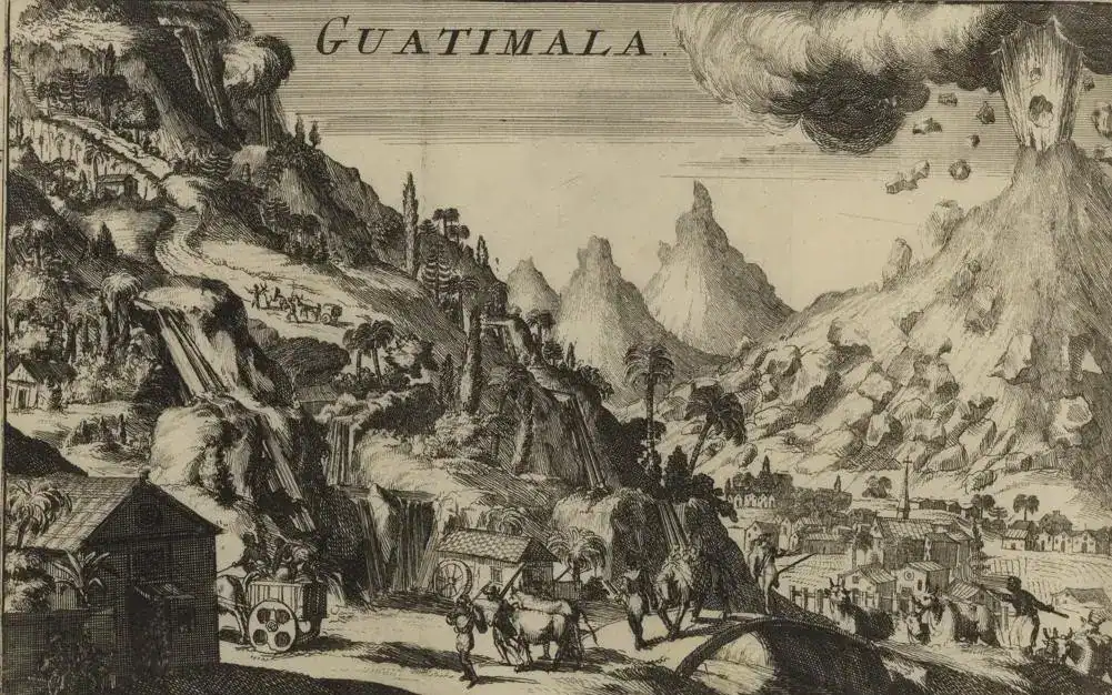 Guatemala paisaje volcánico y rural, ilustración antigua en blanco y negro, reflejando la historia y cultura del país, ideal para artículos sobre Guatemala en Revista SoyMigrante.com. – SoyMigrante.com REVISTA