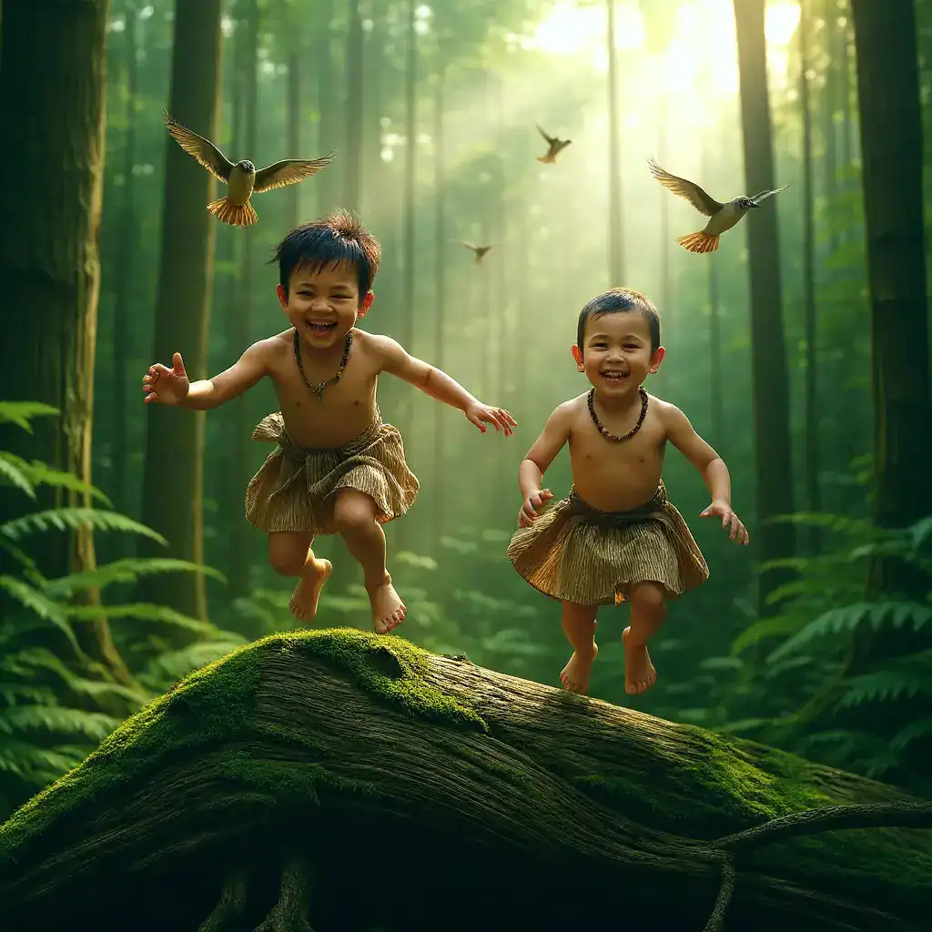 Niños vestidos con ropa tradicional brincando sobre un tronco en un bosque verde y luminoso, acompañados de aves, representando alegría y cultura en naturaleza. – SoyMigrante.com REVISTA