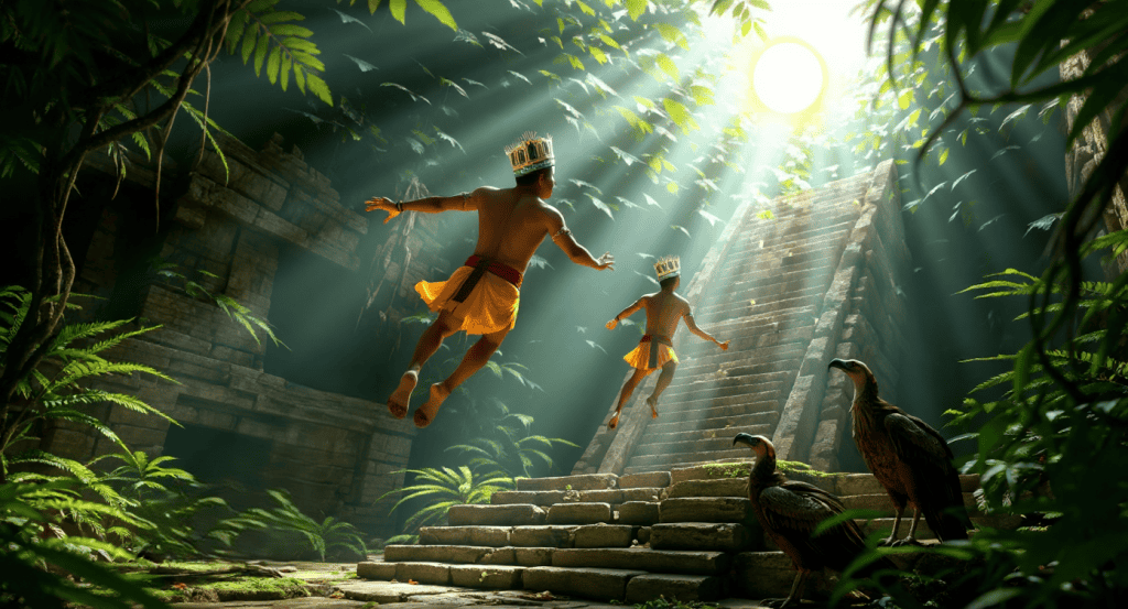 Niños indígenas saltando escalinatas en un bosque denso con luz solar, vestimenta tradicional y animales (águilas), simbolizando cultura, tradición y naturaleza. – SoyMigrante.com REVISTA