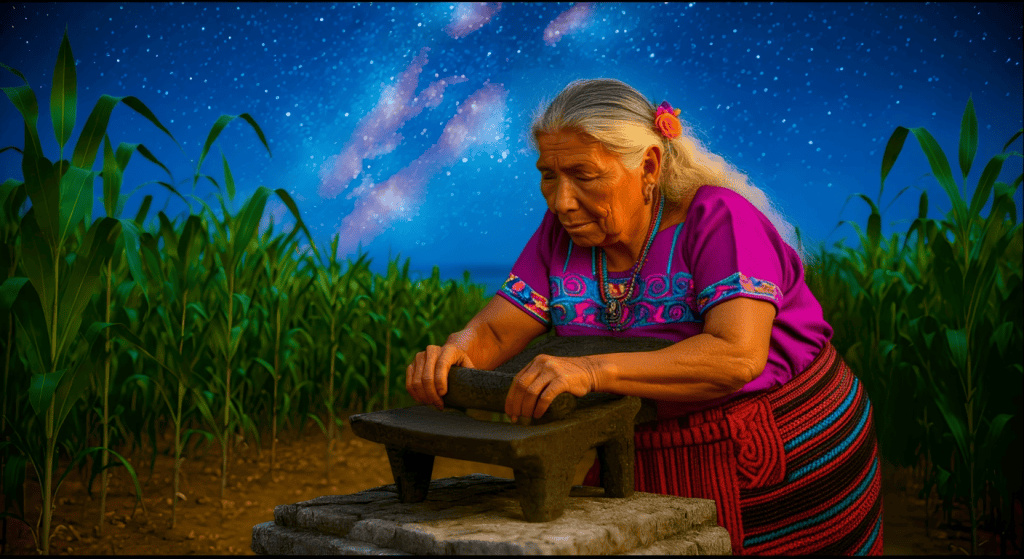 Anciana indígena cultivando maíz bajo un cielo estrellado, representando la cultura y tradición mexicana en el campo con simbolismo de esperanza y raíces ancestrales. – SoyMigrante.com REVISTA