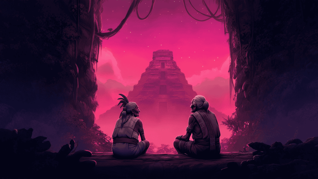 Ancianos mayas contemplando una pirámide en un ambiente mítico con cielo rosado y estrellas, representando cultura, historia y legado ancestral en el mundo maya. – SoyMigrante.com REVISTA