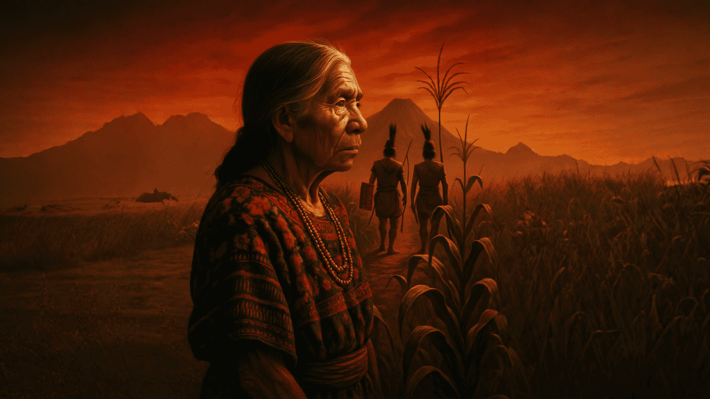 Anciana indígena en un paisaje rural al atardecer, con montañas y mujeres en trajes tradicionales en el fondo, simbolizando la cultura y las tradiciones de los pueblos originarios. – SoyMigrante.com REVISTA