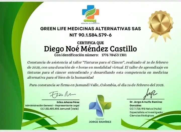 Certificado de medicina alternativa, diploma de green life medicinal, reconocimiento en medicina alternativa, certificación de terapias naturales, diploma de prácticas de medicina complementaria.
