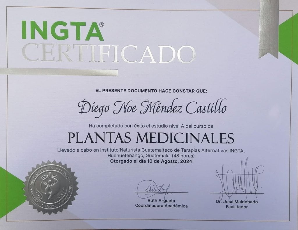 Algunos de los diplomas obtenidos por Noé Méndez en su búsqueda de ofrecer productos terapéuticos naturales de calidad a través de Mía Nature.