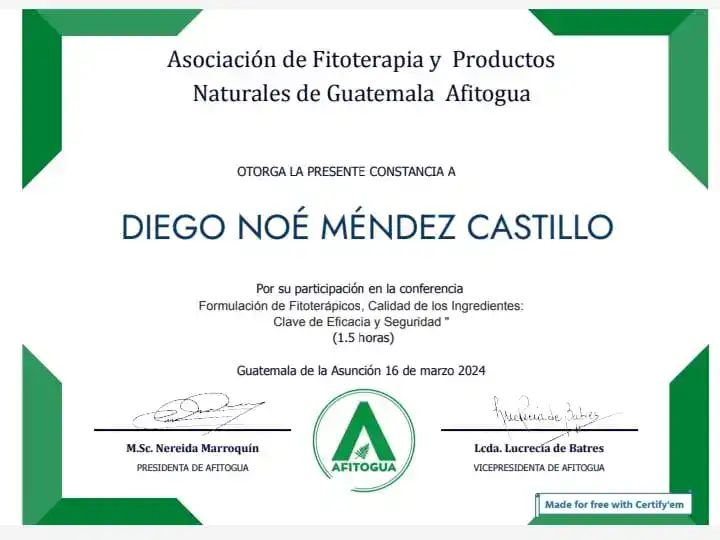 Certificado de participación en conferencia sobre fitoterapia y productos naturales de Guatemala, otorgado a Diego Noé Méndez Castillo por Afitogua.