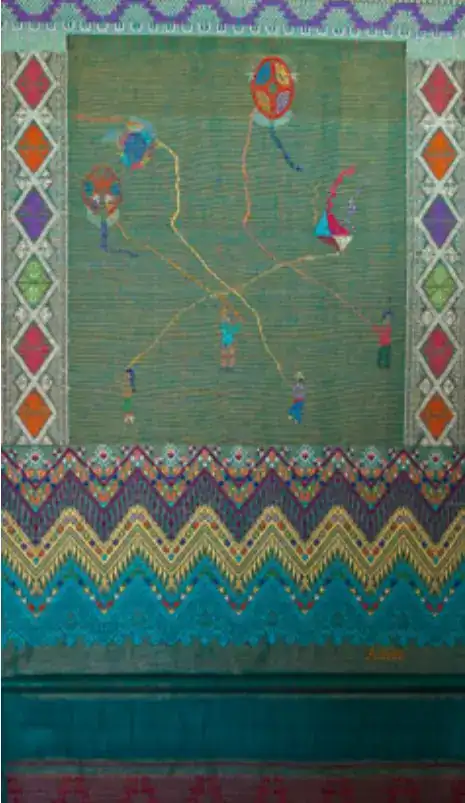 Colores vibrantes en arte textil con figuras humanas conectadas por hilos, rodeado de patrones geométricos y zigzag, reflejando cultura y tradición mexicana.