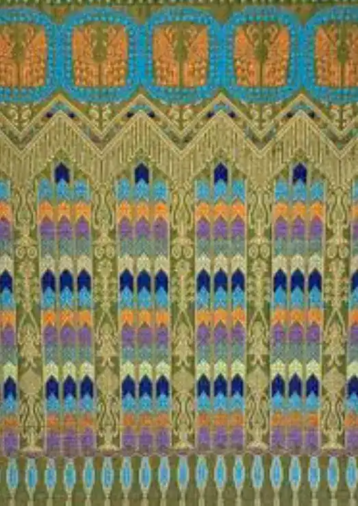 Colorido mural tradicional con detalles en tonos azules, verdes, naranjas y morados, representando arte cultural y folclórico en la revista SoyMigrante.com REVISTA.