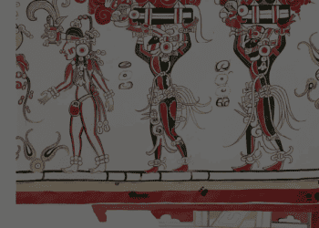 Colorida escultura prehispánica mexicana representando dioses o figuras mitológicas, con detalles en rojo, negro y blanco, reflejando tradición y cultura indígena.