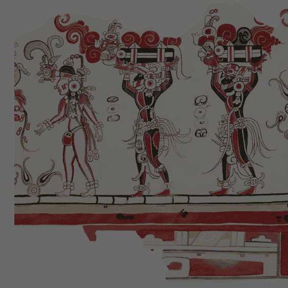 Colorida escultura prehispánica mexicana representando dioses o figuras mitológicas, con detalles en rojo, negro y blanco, reflejando tradición y cultura indígena.