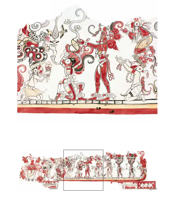 Dibujo de arte tradicional maya en tonos rojos y negros en una pared, representando escenas culturales y ceremoniales antiguas con personajes folclóricos y elementos simbólicos.