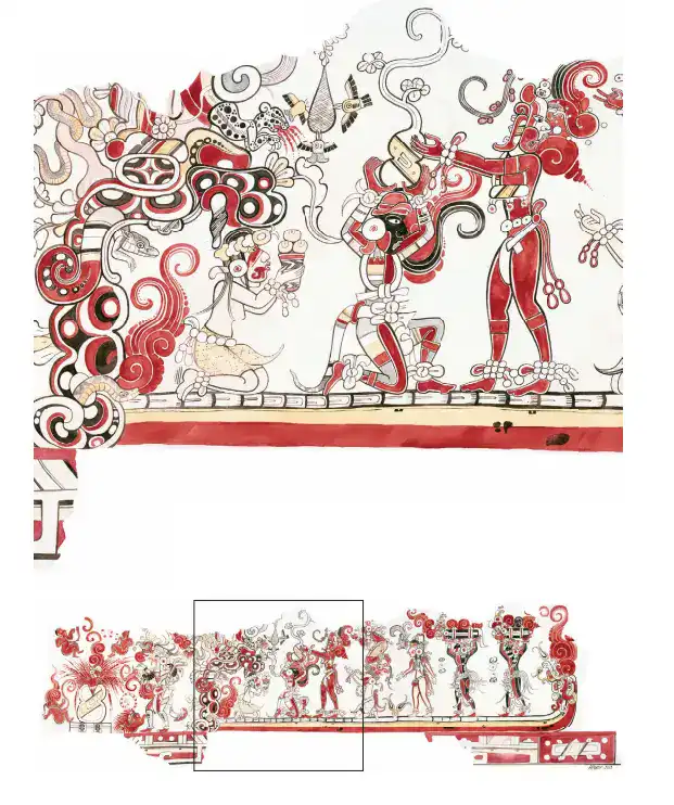 Espectáculo tradicional maya en la cerámica, representando danza, música y cultura indígena y migrante, con detalles en rojo, negro y crema, en estilo ancestral y contemporáneo.