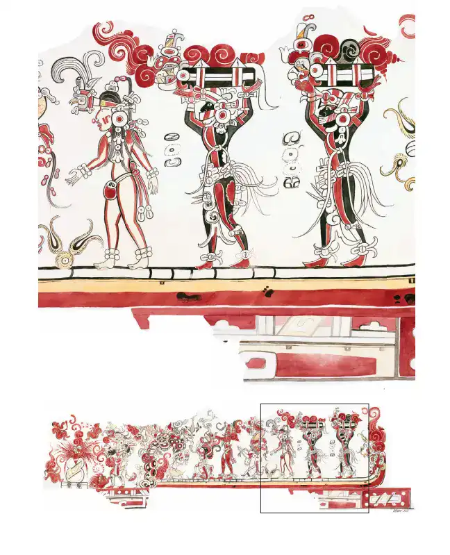 Ritos tradicionales de danza y arte en ceremonia en mural Azteca colorido y detallado para revista SoyMigrante.com REVISTA.