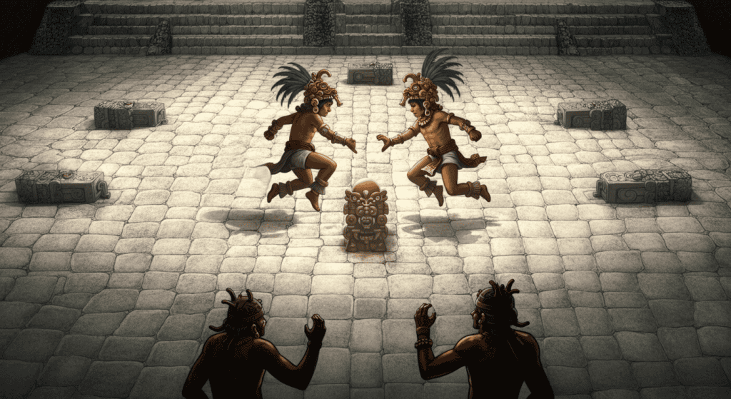 Guerreros mayas bailando en un escenario antiguo, con piedra y relieves, representando cultura y historia de México. Arte y tradiciones ancestrales en una escena ilustrativa. – SoyMigrante.com REVISTA