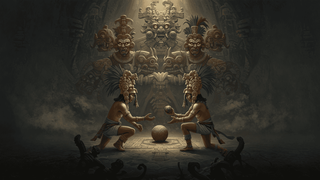 Los señores y dueños de Xibalbá Hun Camé y Vucub Camé detestaban la alegría y el ruido del sagrado juego de pelota de los jóvenes Hunahpú e Ixbalanqué. Pero no sabían quiénes eran ni que eran hijos de Hun Hunahpú. Los retaron a ir a Xibalbá. (Ilustración IA elaborada con base en textos del Popol Vuh) – SoyMigrante.com REVISTA Antiguo ritual maya con máscaras y sacerdotes en un templo ancestral, ambiente misterioso y cultural, referencia a la historia y mitología de México. – SoyMigrante.com REVISTA
