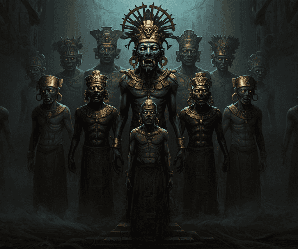 Los señores de Xibalbá se creían invencibles. Los jefes Hun Camé y Vucub Camé ordenaban a los otros 10 que hicieran daño a la gente en diversas formas. (Ilustración IA basada en textos del Popol Vuh) – SoyMigrante.com REVISTA Rostros de diosas y guerreros mayas ancestrales con máscaras y adornos dorados en una escena oscura y mística del arte tradicional maya. – SoyMigrante.com REVISTA