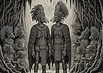 Ancestros indígenas mayas con vestimentas tradicionales y rasgos de animales con máscara en una escena cultural en la selva.