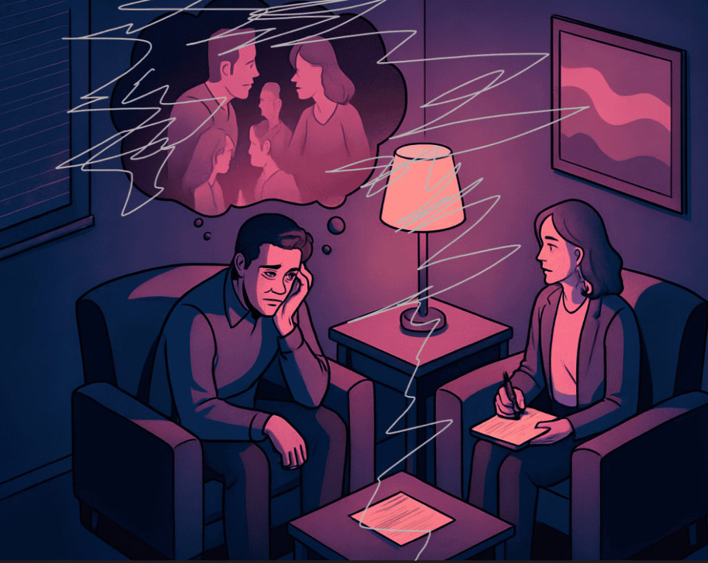 Soñando con la familia y la nostalgia, un hombre en terapia en un ambiente oscuro y íntimo, mientras la terapeuta toma notas, con una ilustración que refleja pensamientos y emociones relacionadas con la migración y los vínculos familiares, en un estilo moderno y emocional. – SoyMigrante.com REVISTA