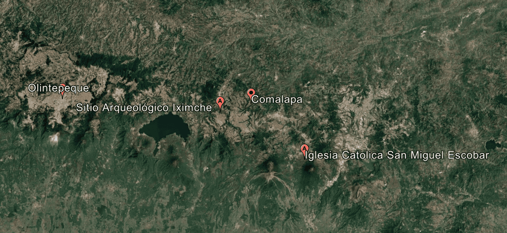 Paisaje satelital de Comalapa y sitios arqueológicos en el estado de Chiapas, México, destacando el Sitio Arqueológico Iximche y la Iglesia Católica San Miguel Escobar. – SoyMigrante.com REVISTA