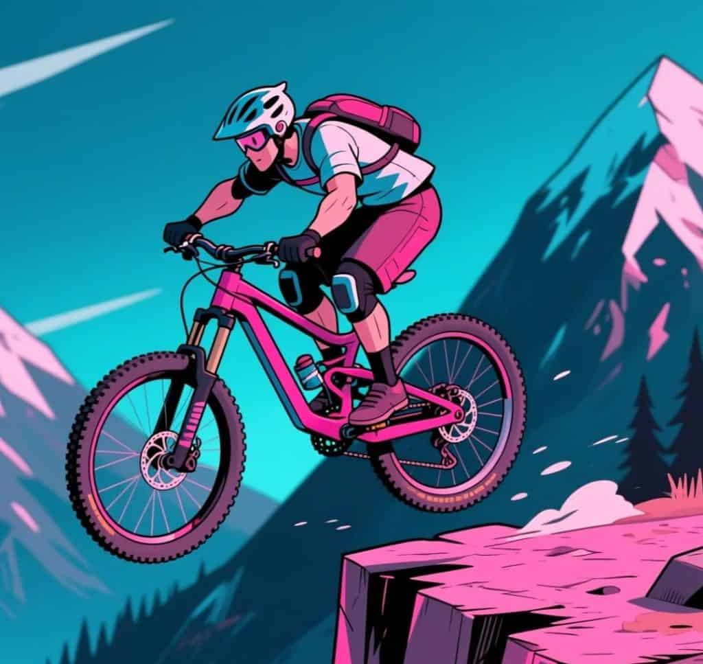 Atleta montando bicicleta de montaña en paisaje montañoso con picos nevados, estilo ilustración digital moderna para contenido sobre movilidad, deportes y aventura para la revista SoyMigrante.com REVISTA. – SoyMigrante.com REVISTA