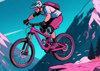 Deportista en bicicleta de montaña cruzando un terreno rocoso en una escena artística digital con montañas y cielo azul de fondo.