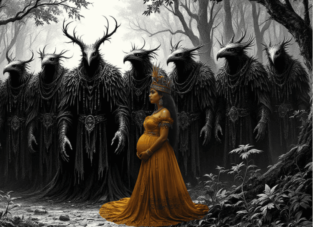 Deidad indígena con trajes tradicionales en primer plano frente a una escena oscura y mística de criaturas con cabezas de aves y insectos en un bosque oscuro, representando historias y cultura ancestral. – SoyMigrante.com REVISTA