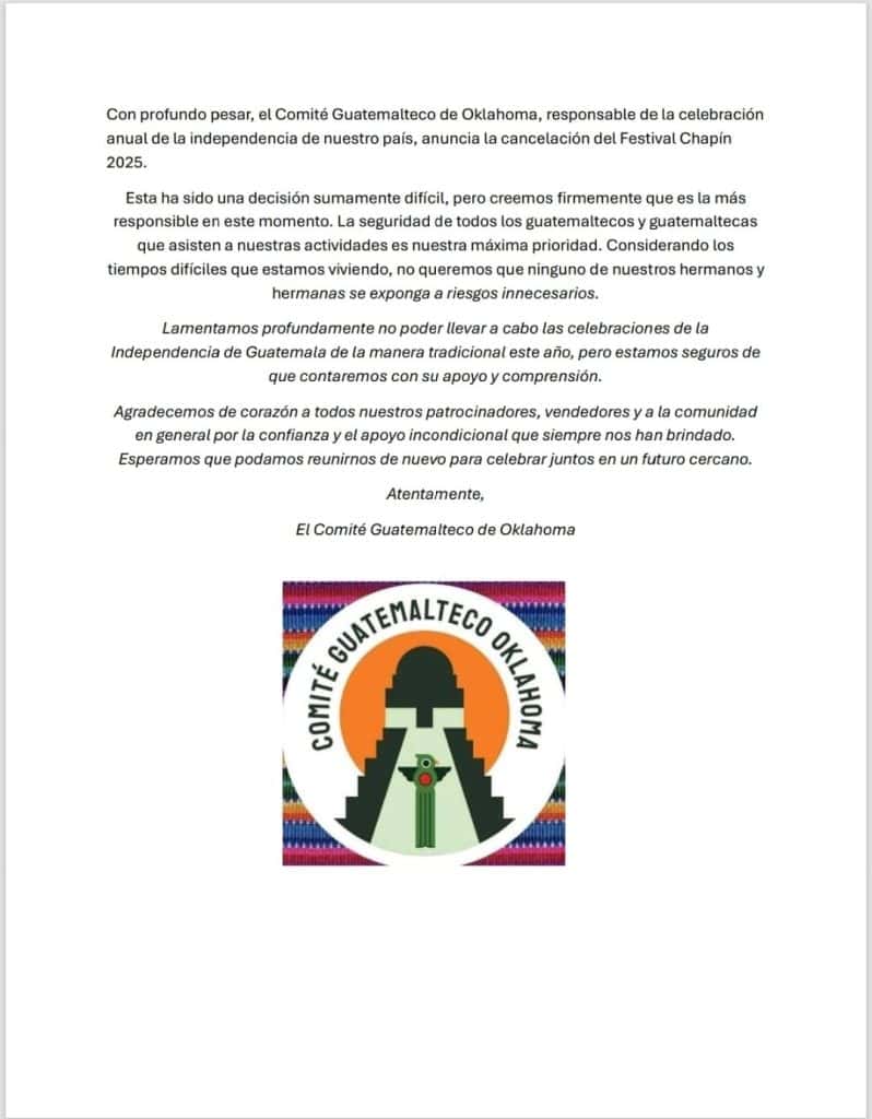 Guatemaltecos en Oklahoma anuncian cancelación de Festival Chapín 2025 debido a la situación actual de la pandemia y la seguridad de la comunidad. Discurso de apoyo y solidaridad del Comité Guatemalteco Oklahoma. – SoyMigrante.com REVISTA