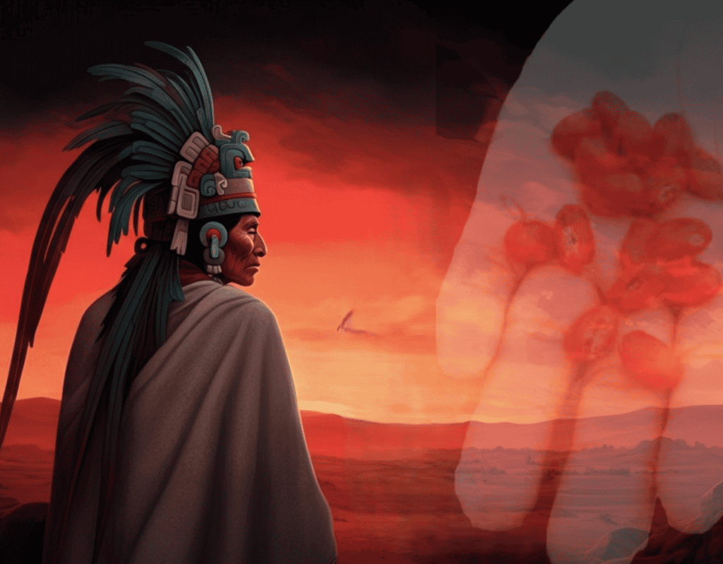 Anciano indígena mayan con tocado tradicional en un atardecer naranja, simboliza cultura y herencia ancestral en México.