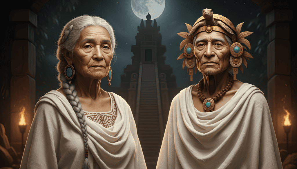 Ancianas indígenas con vestimenta tradicional, en un entorno nocturno con luna llena y pirámide ancestral al fondo, representando cultura y herencia indígena en América Latina.