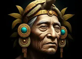 Anciano indígena con vestimenta tradicional y accesorios culturales, simbolizando la historia y cultura de los pueblos originarios de América Latina. Imagen artística y cultural para revista SoyMigrante.com.