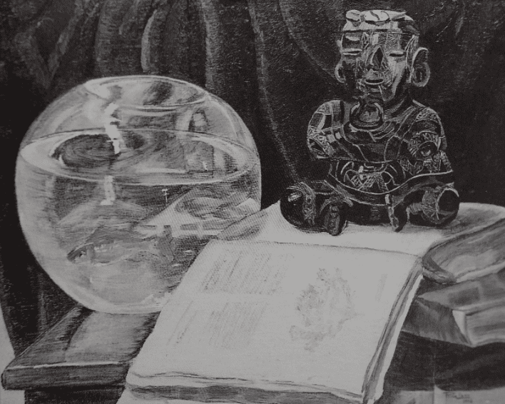 Con este dibujo: Naturaleza muerta con Xipe, Rina ganó un concurso para recibir una beca de arte en México.