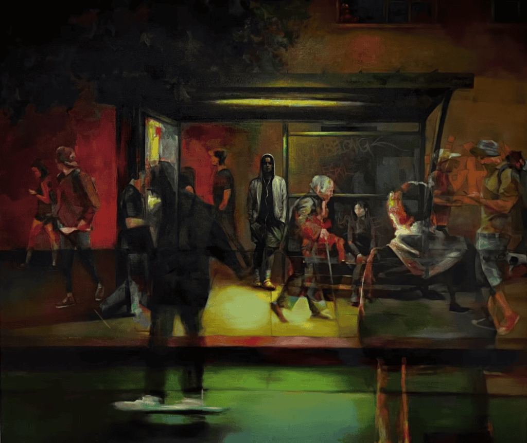 Una parada de autobús que está llena de personajes familiares y a la vez irreales. PIntura de Johnny Castillo.