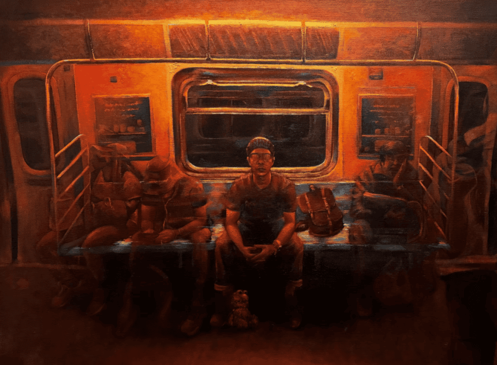 No les gustó mi mochila, es el título de esta pintura en un tren que parece sacado de un recuerdo. PIntura de Johnny Castillo.