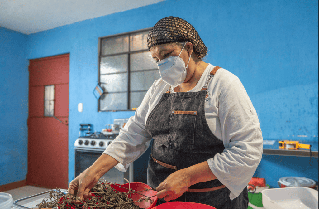 Artesana preparando ingredientes en la cocina, usando mascarilla y delantal, en un espacio doméstico con paredes azules para sobrellevar el trabajo de la gastronomía en la revista SoyMigrante.com REVISTA. – SoyMigrante.com REVISTA