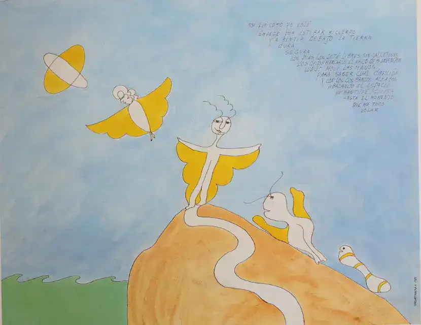 Sueño de un ser mágico con alas amarillas, junto a una criatura amarilla en una tierra imaginaria, rodeados de figuras etéreas en un cielo azul, transmitiendo esperanza y fantasía en un estilo infantil. – SoyMigrante.com REVISTA