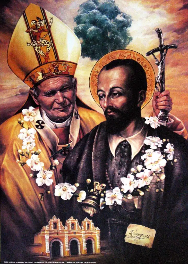 Retrato doble del papa Juan Pablo II y del Santo Hermano Pedro de Betancur, realizado en 2002 con motivo de la canonización del primer santo de Guatemala. – SoyMigrante.com REVISTA
