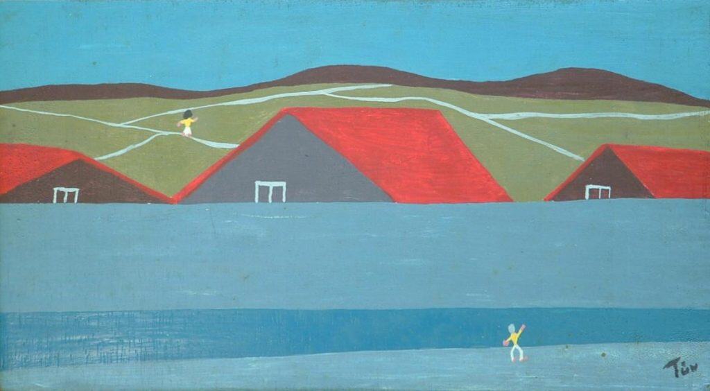 Extensiones de color y elementos como casas y edificios se intersectan, con la excepción de algunos caminos en donde transitan pequeñas personas. Una representación misteriosa de la soledad. – SoyMigrante.com REVISTA