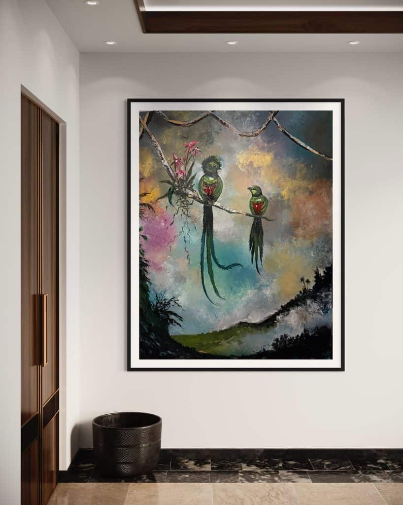 Cuadro de la serie Quetzal, espíritu de Guatemala, en la cual se representa al ave símbolo nacional em ambientes que invitan a imaginar su gran valor como emblema de libertad y grandes ideales. (Pinturas del artista Alejandro Wer)