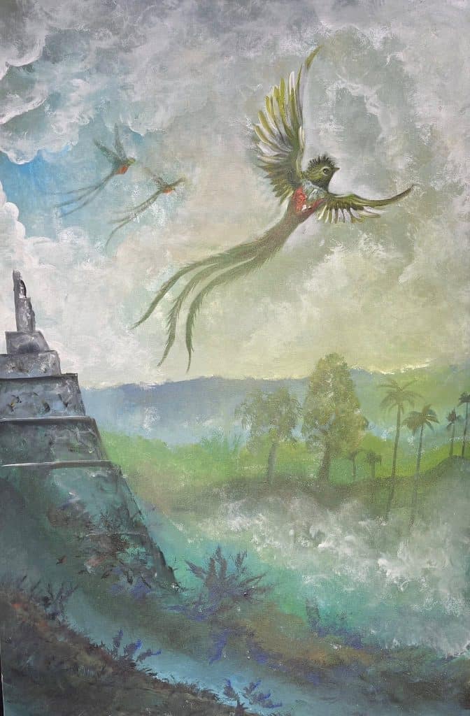 Cuadro de la serie Quetzal, espíritu de Guatemala, en la cual se representa al ave símbolo nacional em ambientes que invitan a imaginar su gran valor como emblema de libertad y grandes ideales. (Pinturas del artista Alejandro Wer)