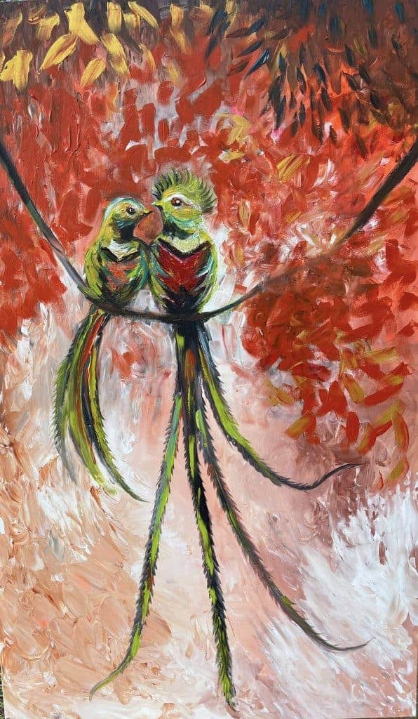 Cuadro de la serie Quetzal, espíritu de Guatemala, en la cual se representa al ave símbolo nacional em ambientes que invitan a imaginar su gran valor como emblema de libertad y grandes ideales. (Pinturas del artista Alejandro Wer)