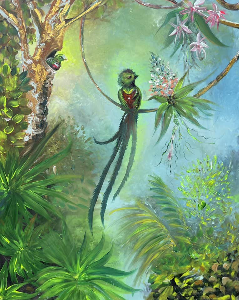 Cuadro de la serie Quetzal, espíritu de Guatemala, en la cual se representa al ave símbolo nacional em ambientes que invitan a imaginar su gran valor como emblema de libertad y grandes ideales. (Pinturas del artista Alejandro Wer)