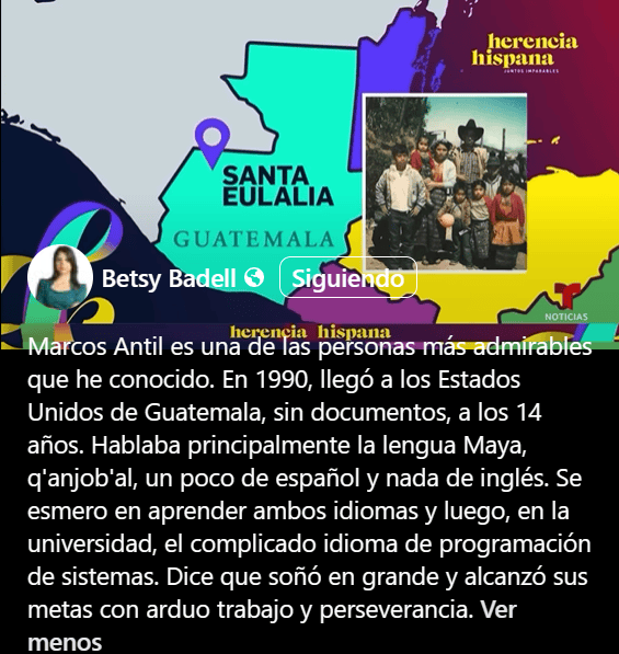 La periodista Betsy Badell de noticiero Telemundo estuvo a cargo de la interesante nota sobre la vida y aporte del emprendedor digital maya q'anjob'al Marcos Antil. – SoyMigrante.com REVISTA