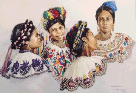 El registro de indumentarias mayas efectuado por Carmen Pettersen a través de sus acuarelas es tan detallado, minucioso y fiel que hoy tiene un valor documental incalculable, incluso de ciertas prendas que ya en la actualidad casi no se observan en pueblos de Guatemala. (Acuarela de Carmen Pettesen) – SoyMigrante.com REVISTA