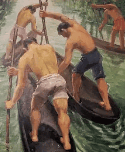 Carrera de canoas, es la pintura con la cual la artista guatemalteca Antonia Matos ganó las Olimpiadas de Arte en 1932. Guatemala aún no tenía filiación al Comité Olímpico Internacional por lo cual no participaba en dichas justas deportivas. – SoyMigrante.com REVISTA