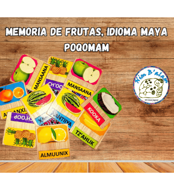 Con este sencillo pero divertido juego de cartas podrás aprender a decir y pronunciar los nombres de frutas en idioma maya poq'omam. Un producto de Nim'Balam, emprendimiento especializado en promover el aprendizaje y conservacion de idomas mayas. Para adquirirlo, clic en la imagen.