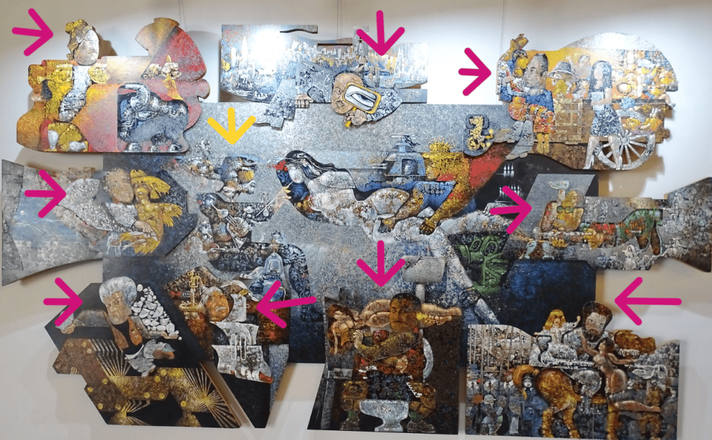 El artista junto a nueve estorbos: es un autorretrato de Efraín Recinos acompañado de otros 9 grandes artistas guatemaltecos, todos sus amigos, a los cuales llama "estorbos" como una broma que todos disfrutaron. – SoyMigrante.com REVISTA