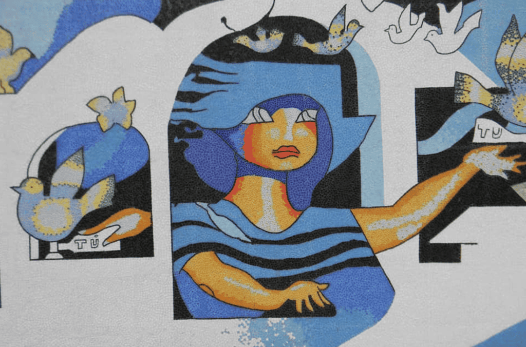 La Guatemalita de Efraín Recinos es una creación en la cual el artista fusionó su profunda ternura por su país, cuyo mapa convirtió en una simpática señorita, a veces en actitud combativa y otras, simplemente nostálgica y enviando mensajes de amor. (Mural en Santo Domingo del Cerro, Antigua Guatemala) – SoyMigrante.com REVISTA