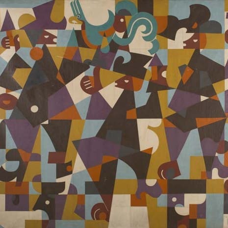 Elogio del Quetzal, obra que se puede admirar en el Museo de Arte Moderno de Guatemala. Si te fijas bien podrás ver al Quetzal en la parte superior, y los bailarines mayas, ataviados con sus trajes en pleno ritual. (Obra de Carlos Mérida) – SoyMigrante.com REVISTA